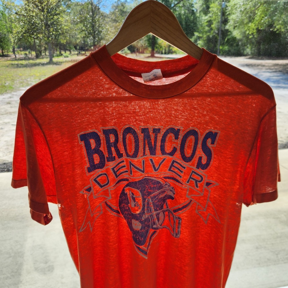 Vintage Denver Broncos Shirt Large Orange Paper Thin Distressed Logo 7 NFL 80s
